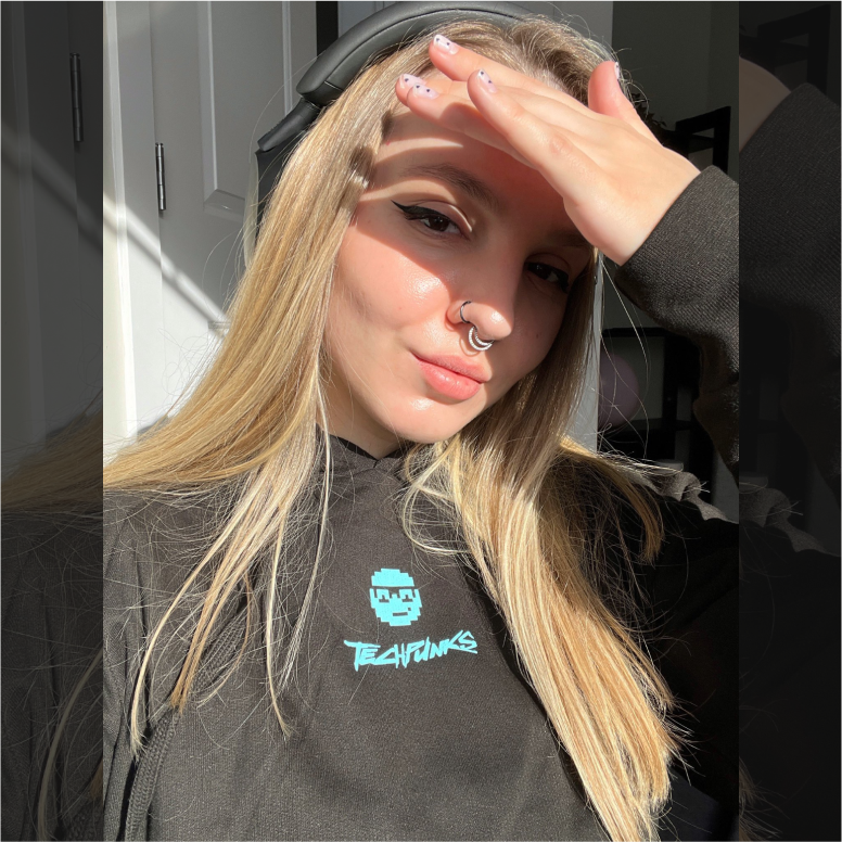 Anastasiia K. rocking the Smirky Coder Hoodie